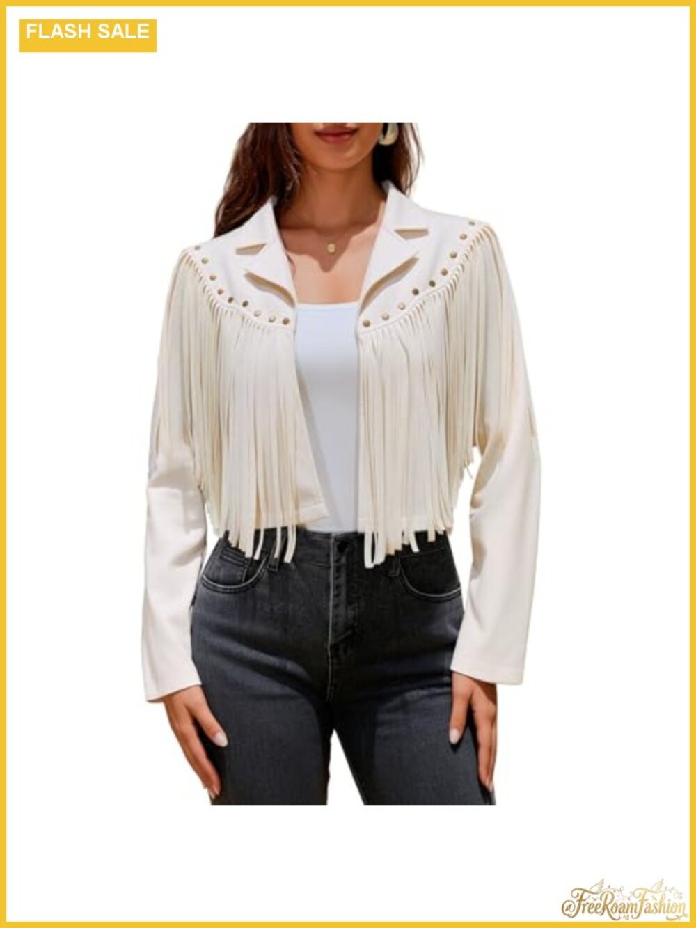 Faux Suede Fringe Jacket Cropped Open Front Western Tassel Rivet Coat